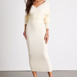 Lulus Bixby Ivory Ribbed Surplice Bodycon Sweater Midi Dress White - Size S